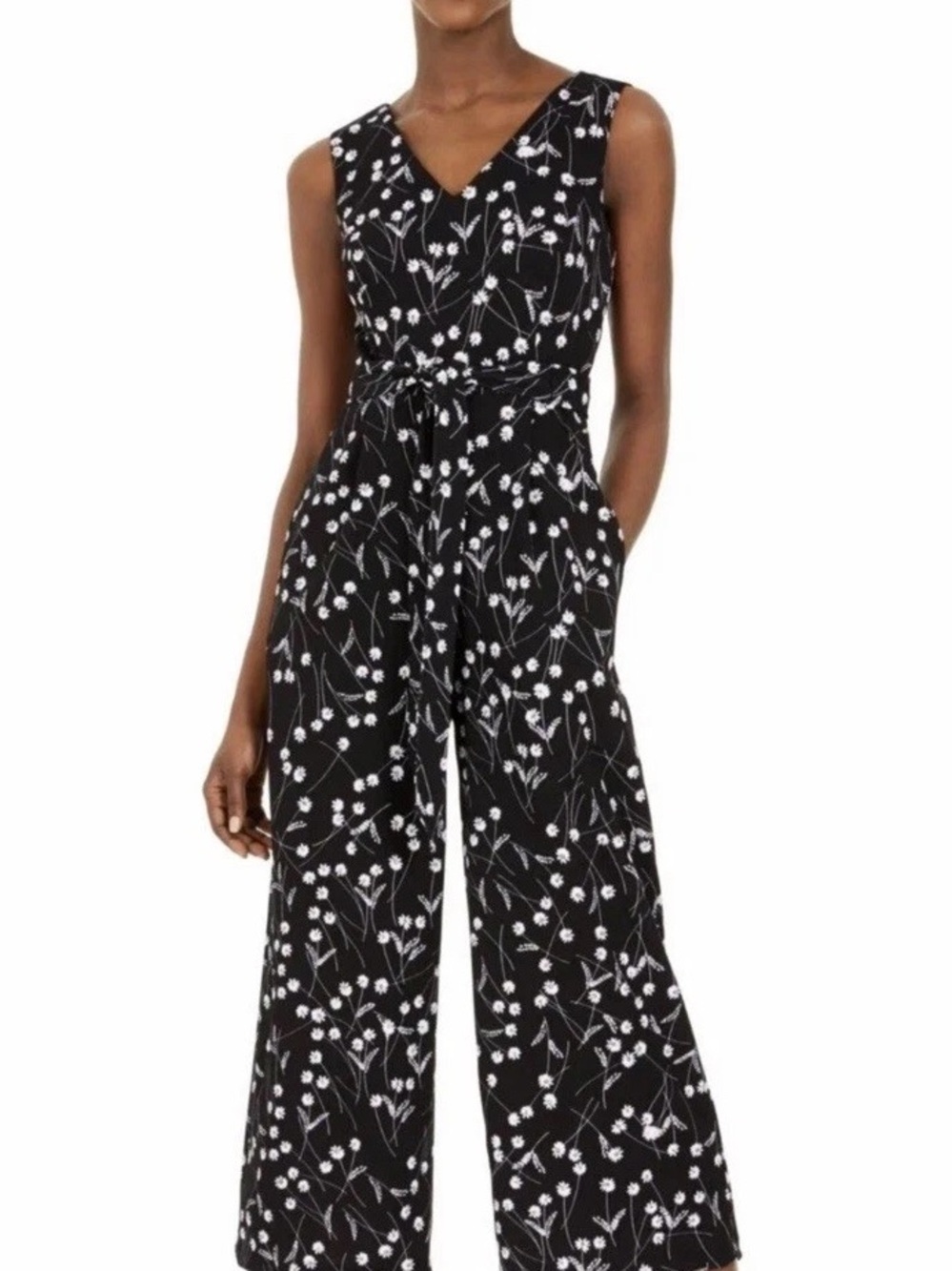Calvin Klein Black Floral V-Neck Wide-Leg Tie-front Jumpsuit (10)